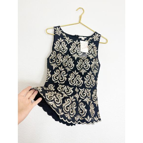 Boston Proper Gold & Black Brocade Damask Embroidery Embellish Peplum Top Size 0 - Picture 9 of 11